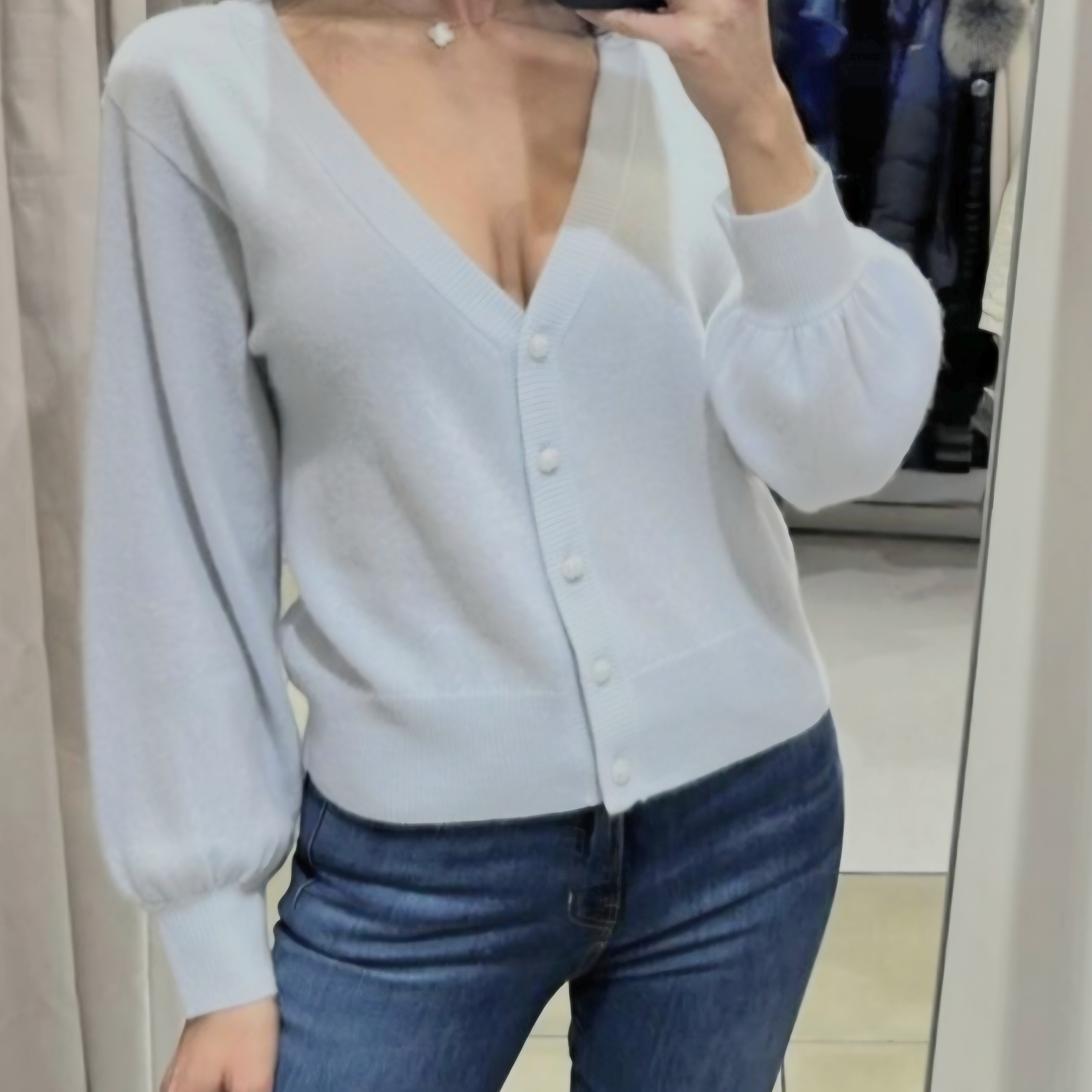 Brodie Cashmere 'Caroline' Pale Blue V-Neck Boxy Button Cardigan Womens Medium